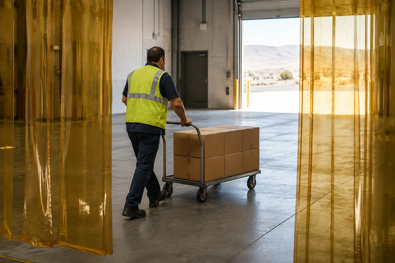 Illustrative warehouse worker moving plain cartons through a partitioned staging area.