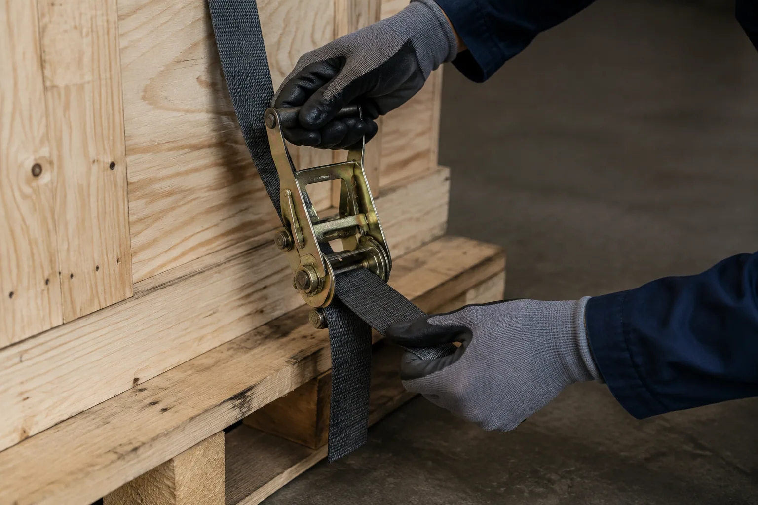 Illustrative close view of a cargo strap being adjusted around a plain palletized case.