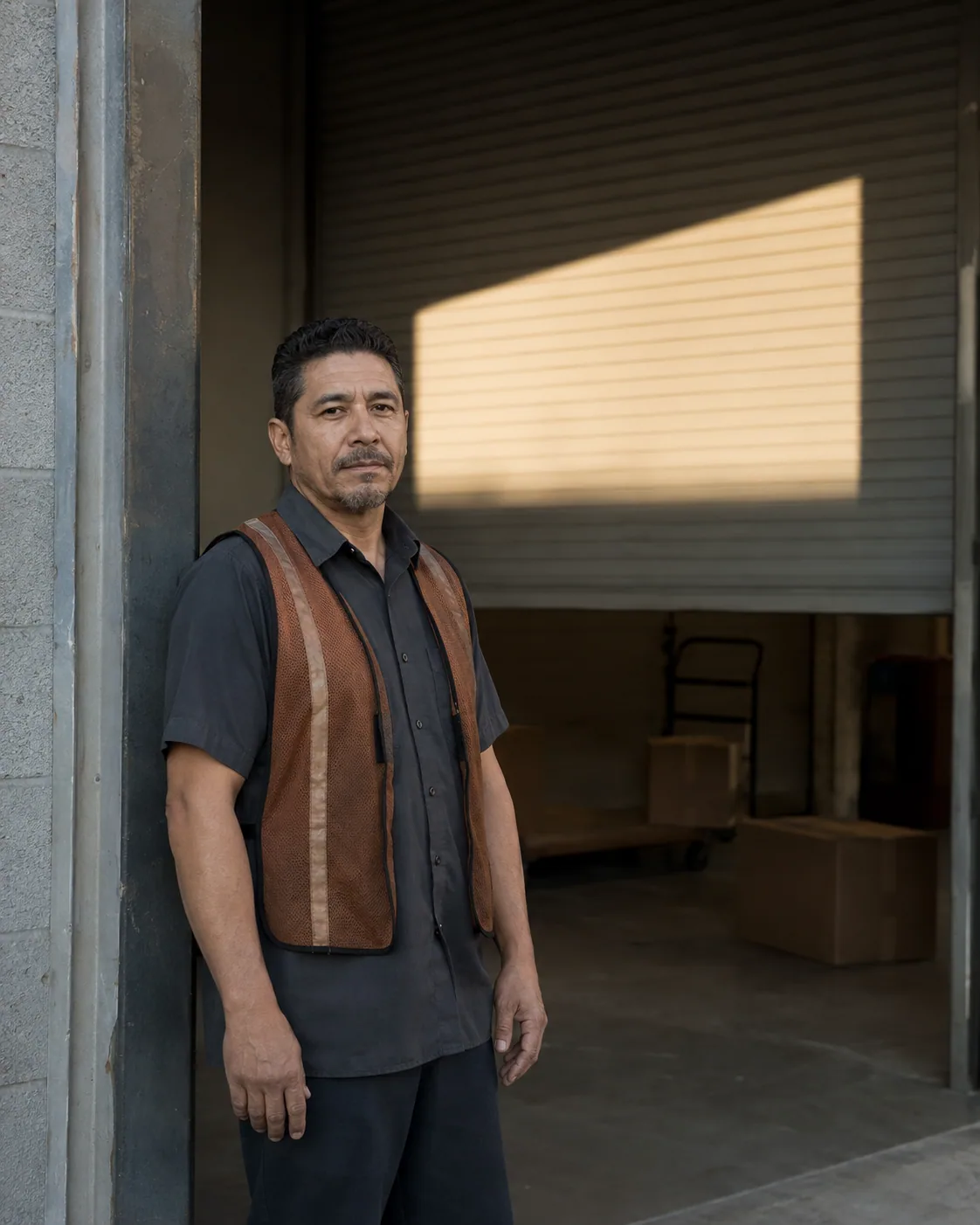 Illustrative portrait of a warehouse worker beside a sunlit roll-up doorway.